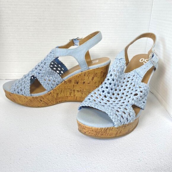 So by Kohl's Wedge Sandals size 9.5M blue, cork heel slingback open toe - Picture 6 of 6